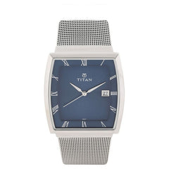 Titan Men's Watch Analog Blue Dial Silver Mesh Band, 90076SM02