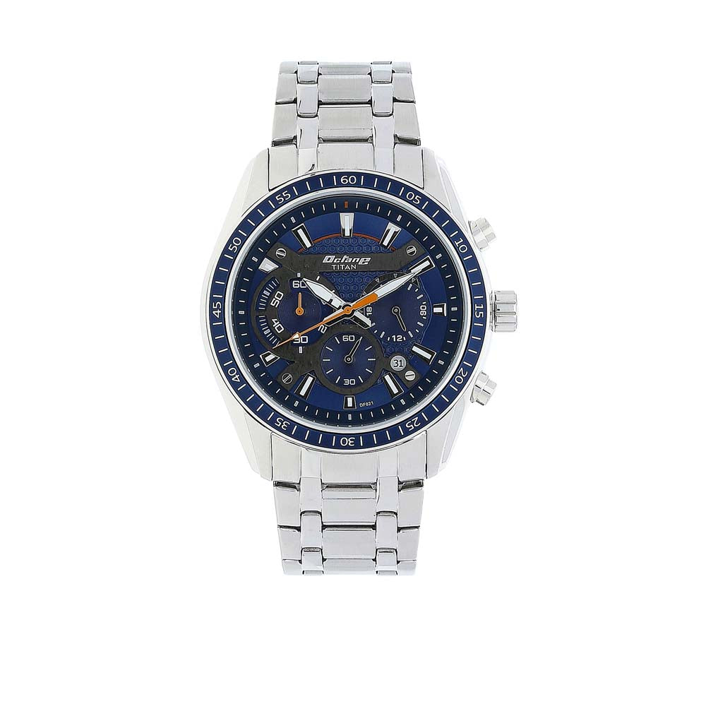 Titan Men's Watch Blue Dial Silver Metal Strap Watch, 90077KM02