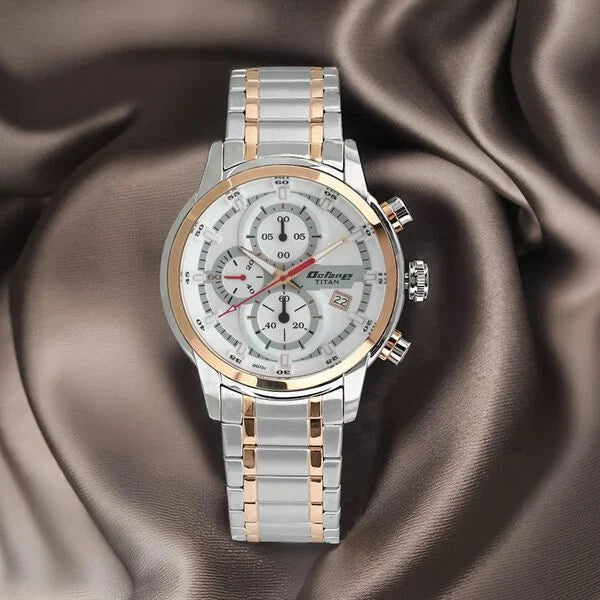 Titan Octane Men's Chronograph Watch White Dial with Two-Toned Stainless Steel Band, 90086KM02