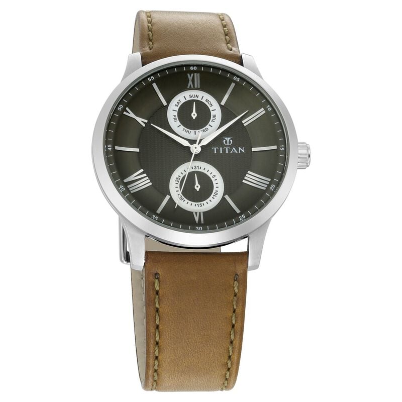 Titan Men's  Multifunction Watch Analog Green Dial Brown Leather Strap,  90100SL03