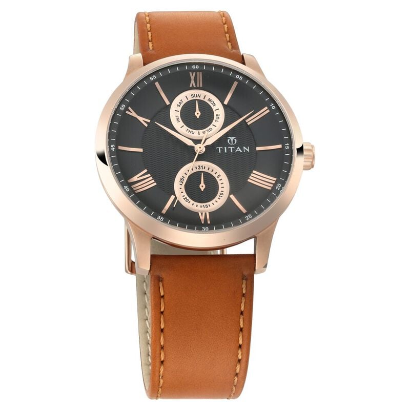 Titan Men's Multifunction Watch Analog Black Dial Brown Leather Strap, 90100WL02