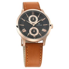 Titan Men's Multifunction Watch Analog Black Dial Brown Leather Strap, 90100WL02