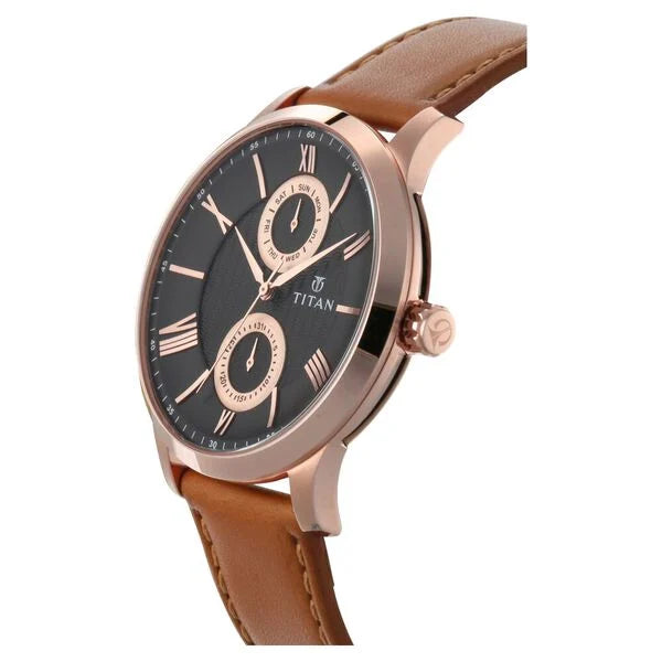 Titan Men's Multifunction Watch Analog Black Dial Brown Leather Strap, 90100WL02