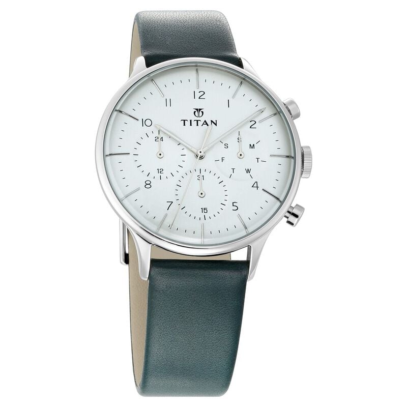 Titan Men's Multifunction Watch Analog White Dial Green Leather Strap, 90102SL03