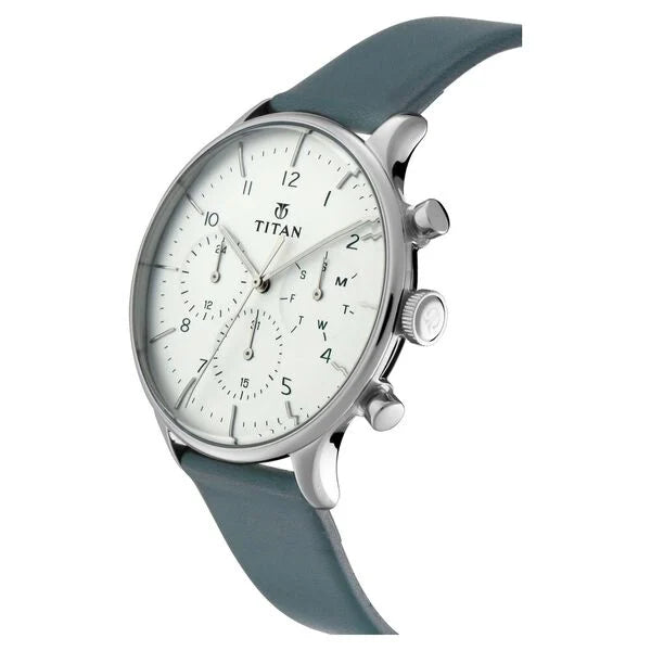 Titan Men's Multifunction Watch Analog White Dial Green Leather Strap, 90102SL03