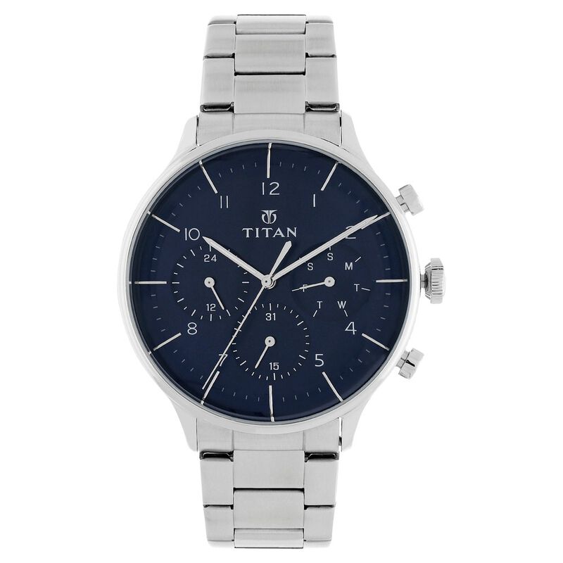 Titan Men's Watch Blue Dial Silver Metal Strap, 90102SM01