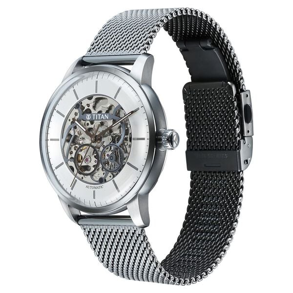 Titan Men's Automatic Watch Analog Silver Dial with Silver Mesh Band, 90110QM02