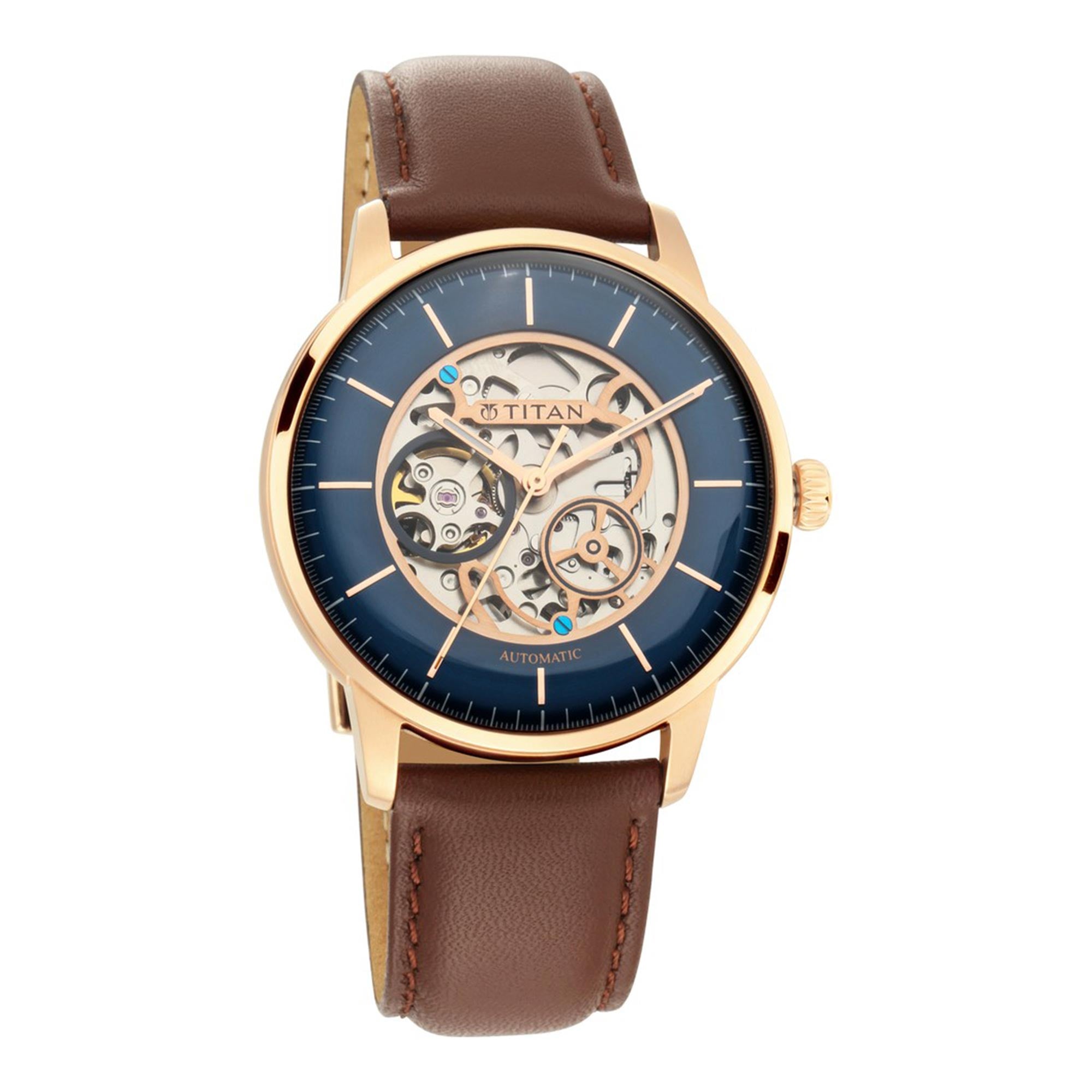 Titan Automatics Men's Watch with Blue Dial and Leather Strap, 90110WL02