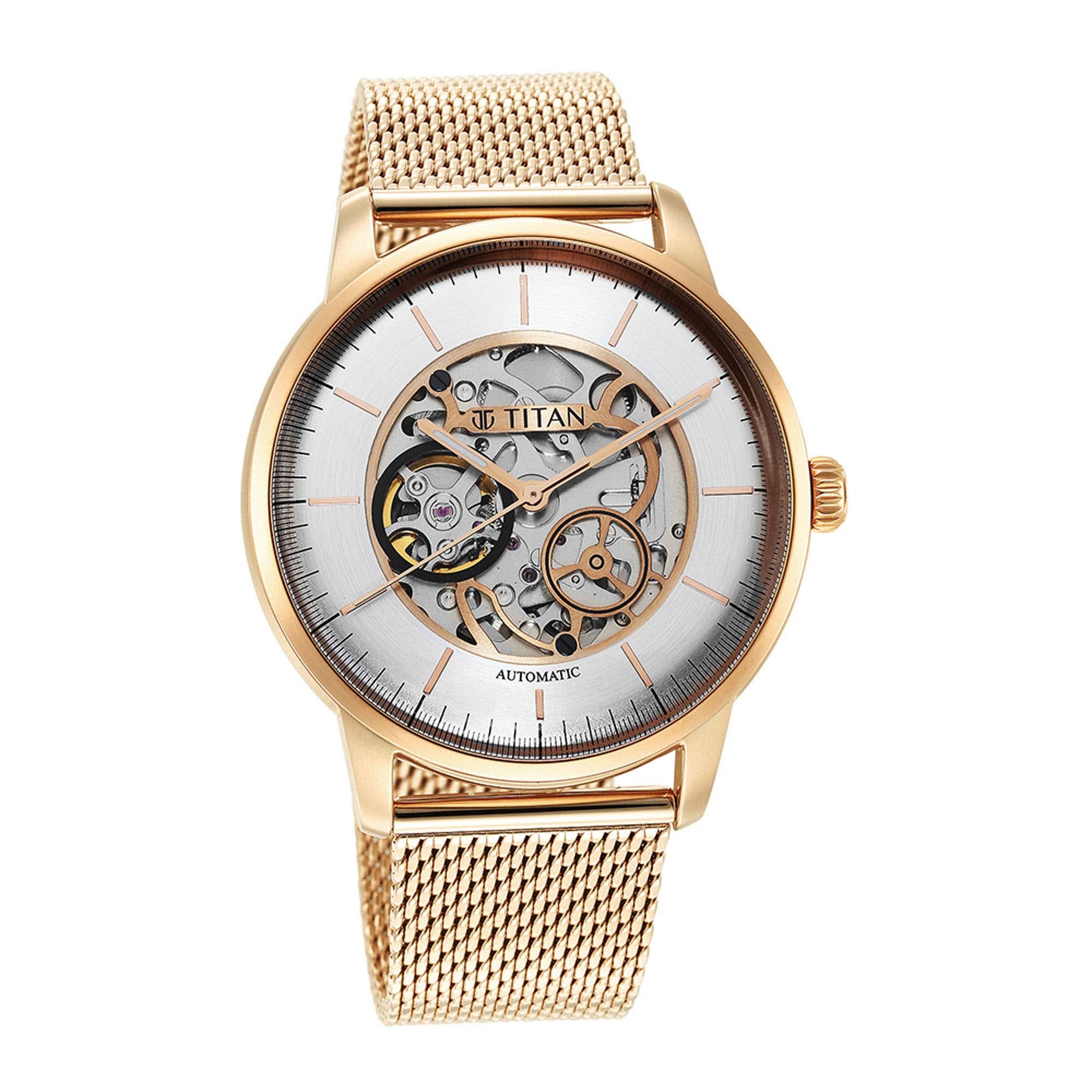 Titan Skeletal Automatic Men's Watch with Gold Dial and Gold Stainless Steel Strap,90110WM01_NEW