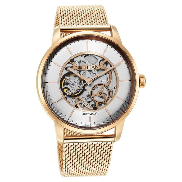 Titan Skeletal Automatic Men's Watch with Gold Dial and Gold Stainless Steel Strap,90110WM01_NEW