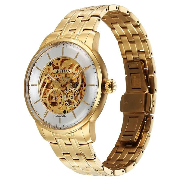Titan Men's Automatic Watch Silver Dial With Gold Stainless Steel Strap , 90110YM01