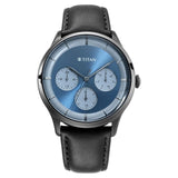 Titan Light Leathers Men's Multifunction Watch Analog Blue Dial Black Leather Strap, 90125QL01