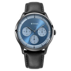 Titan Light Leathers Men's Multifunction Watch Analog Blue Dial Black Leather Strap, 90125QL01