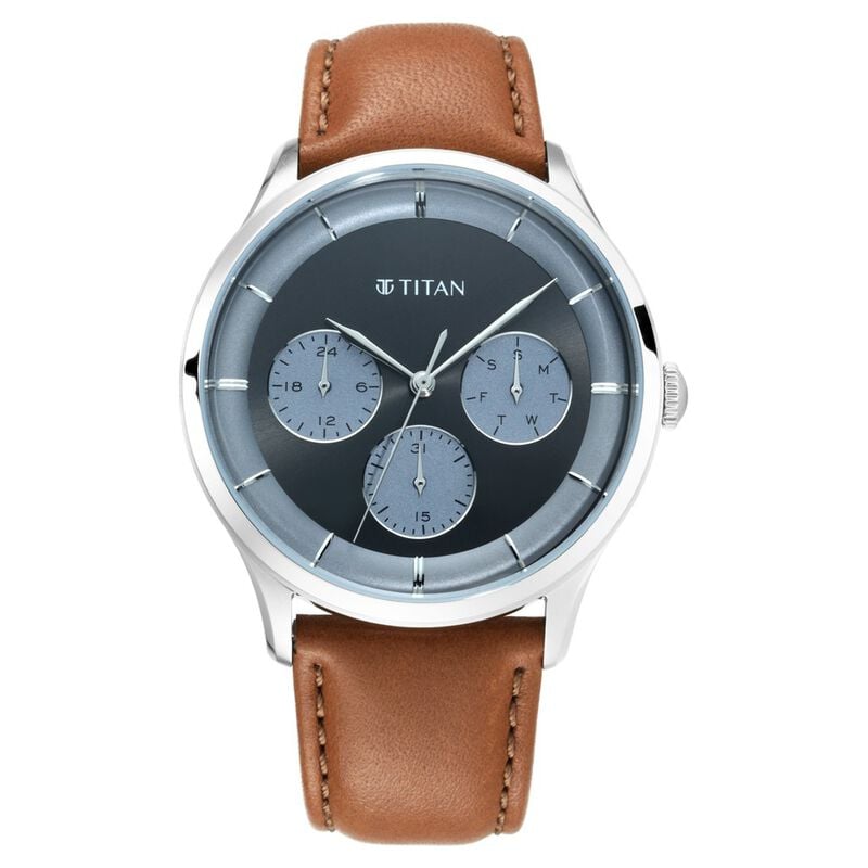 Titan Light Leathers Men's Multifunction Watch Analog Blue Dial Brown Leather Strap, 90125SL01