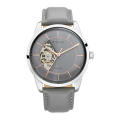 Titan Men's Automatic Watch Analog Grey Dial With Grey Leather Strap, 90126SL01