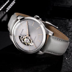 Titan Men's Automatic Watch Analog Grey Dial With Grey Leather Strap, 90126SL01