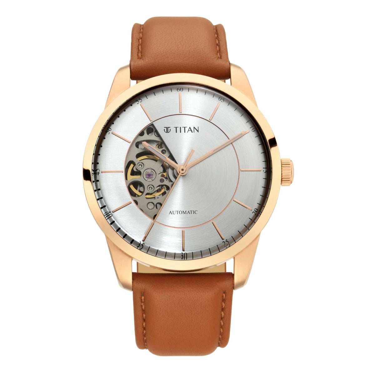 Titan Men's Automatic Watch Analog Silver Dial With Brown Leather Strap, 90126WL01