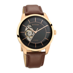 Titan Men's Automatic Watch Analog Black Dial With Brown Leather Strap, 90126WL02