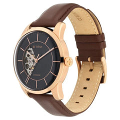 Titan Men's Automatic Watch Analog Black Dial With Brown Leather Strap, 90126WL02