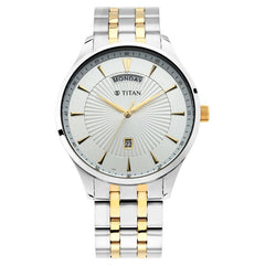 Titan Men's Watch Analog, White Dial Silver Stainless Steel Strap, 90127BM01