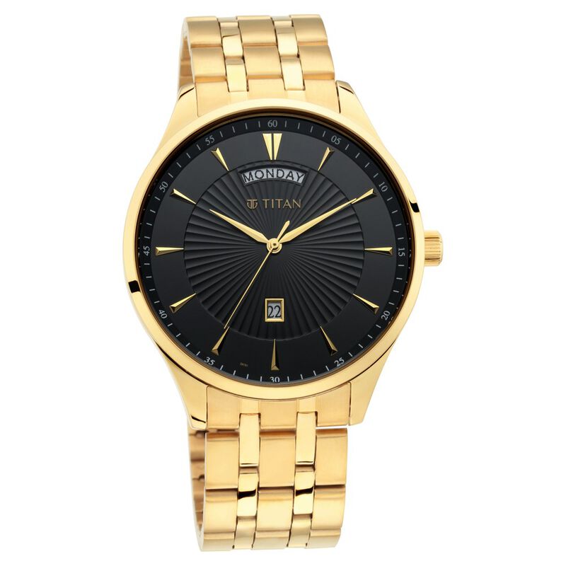 Titan Men's Watch Black Dial Gold Stainless Steel Strap Watch, 90127YM02