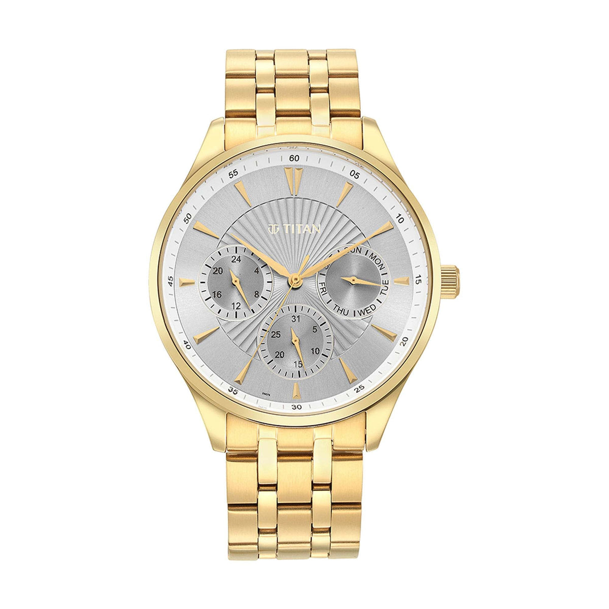 Titan Men's Opulent III Collection Analog Watch, Silver Dial & Golden Stainless Steel Strap,90127YM04