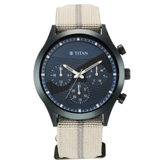 Titan Men's Multifunction Watch Analog Blue Dial Grey Nylon Strap, 90129QP01