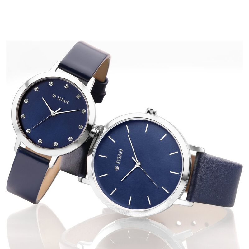 Titan Couple's Watch Blue Dial Blue Leather Strap, 9013SL01P