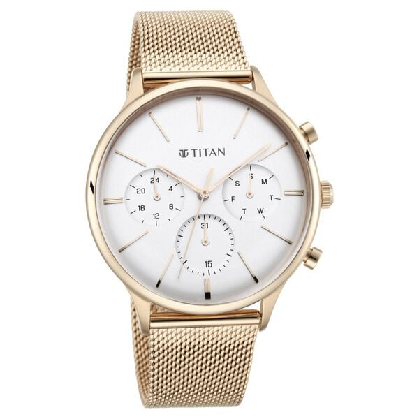 Titan Light Leathers Men's Multifunction Watch Analog White Dial Rose Gold Mesh Band, 90134WM01