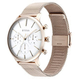 Titan Light Leathers Men's Multifunction Watch Analog White Dial Rose Gold Mesh Band, 90134WM01