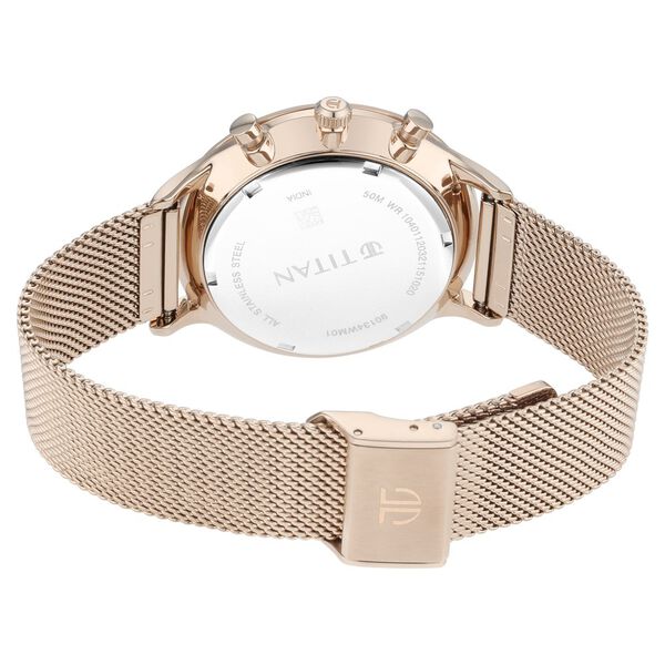 Titan Light Leathers Men's Multifunction Watch Analog White Dial Rose Gold Mesh Band, 90134WM01