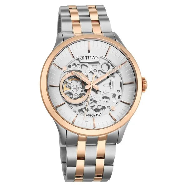 Titan Metal Mechanicals Automatic Men's Watch with Silver Dial and Dual Tone Stainless Steel Strap, 90140KM01