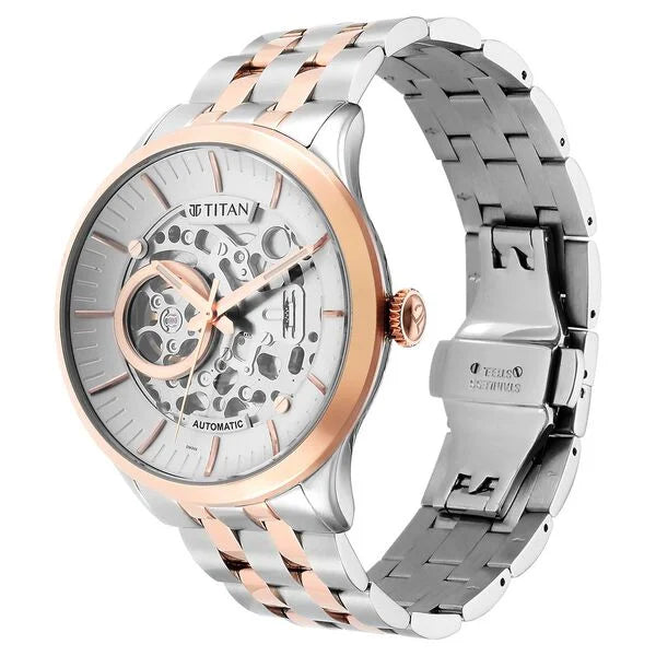Titan Metal Mechanicals Automatic Men's Watch with Silver Dial and Dual Tone Stainless Steel Strap, 90140KM01