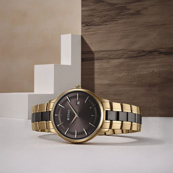Titan Ceramic Fusion Men's Quartz Analog Watch Grey Dial with Dual-Tone Stainless Steel Strap, 90142KD02