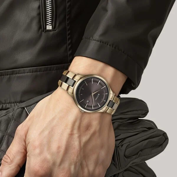 Titan Ceramic Fusion Men's Quartz Analog Watch Grey Dial with Dual-Tone Stainless Steel Strap, 90142KD02