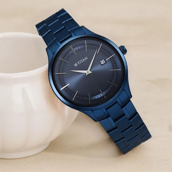 Titan Classique Slimline Men's Watch Analog Blue Dial Blue Stainless Steel Band, 90142QM01
