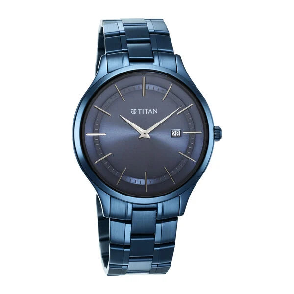Titan Classique Slimline Men's Watch Analog Blue Dial Blue Stainless Steel Band, 90142QM01