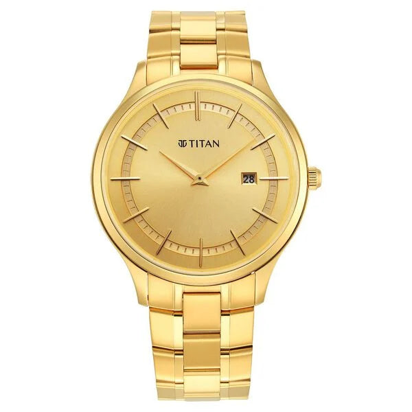 Titan Classique Slimline Men's Watch Analog Gold Dial Gold Stainless Steel Band, 90142YM01