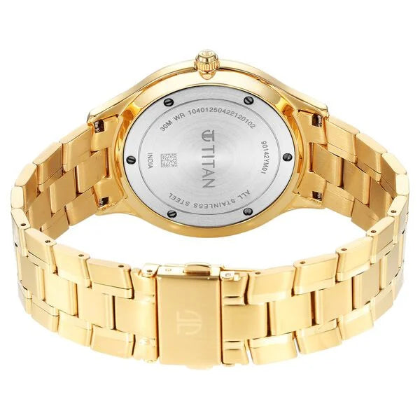 Titan Classique Slimline Men's Watch Analog Gold Dial Gold Stainless Steel Band, 90142YM01