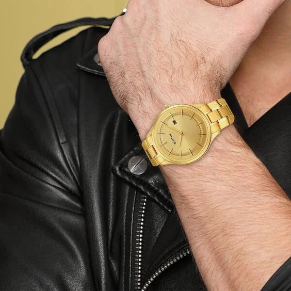 Titan Classique Slimline Men's Watch Analog Gold Dial Gold Stainless Steel Band, 90142YM01