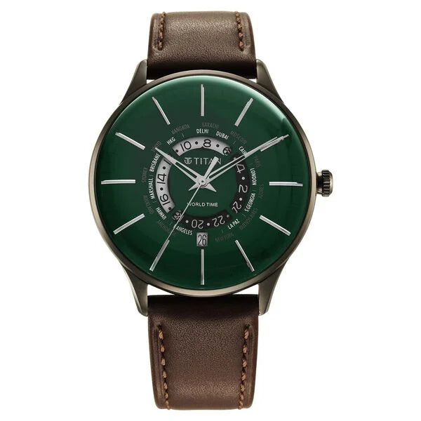 Titan World Time with Date Quartz Men's Watch with Green Dial and Leather Strap, 90145QL01