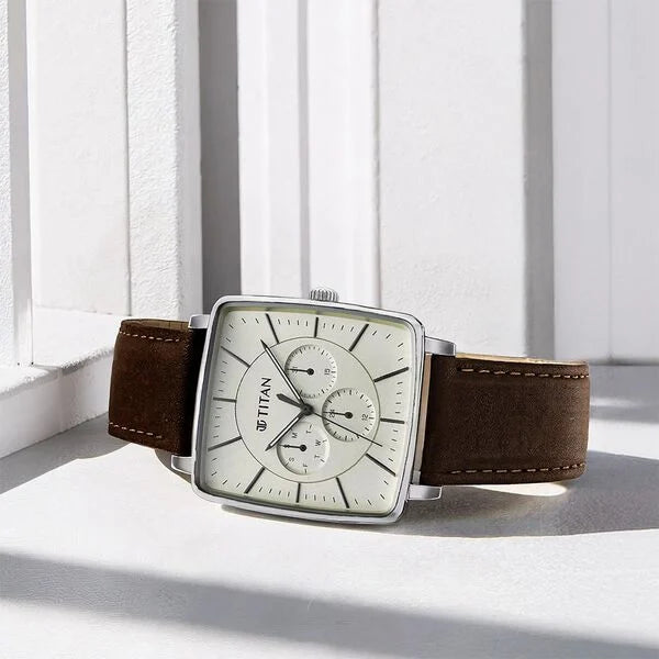Titan Avant Garde Men's Watch Analog White Dial Brown Leather Strap, 90147SL01