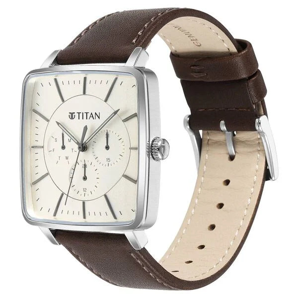 Titan Avant Garde Men's Watch Analog White Dial Brown Leather Strap, 90147SL01