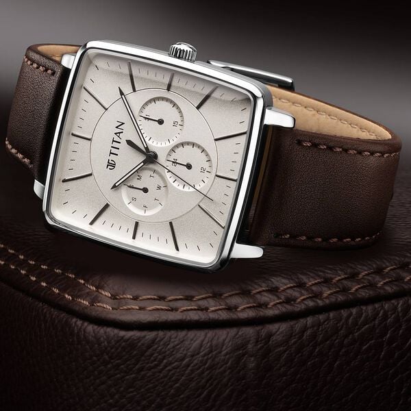 Titan Avant Garde Men's Watch Analog White Dial Brown Leather Strap, 90147SL01
