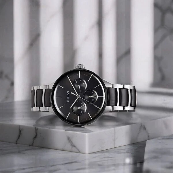 Titan Ceramic Fusion Men's Multifunction Watch Black Dial with Two-Toned Stainless Steel Band, 90148KD01