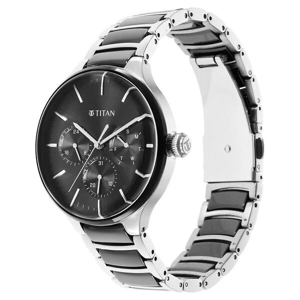 Titan Ceramic Fusion Men's Multifunction Watch Black Dial with Two-Toned Stainless Steel Band, 90148KD01