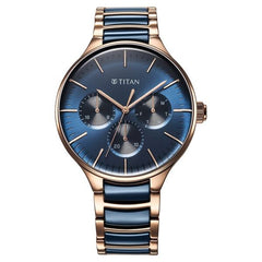 Titan Ceramic Fusion Men's Multifunction Watch Blue Dial with Two Toned Stainless Steel Band, 90148KD04