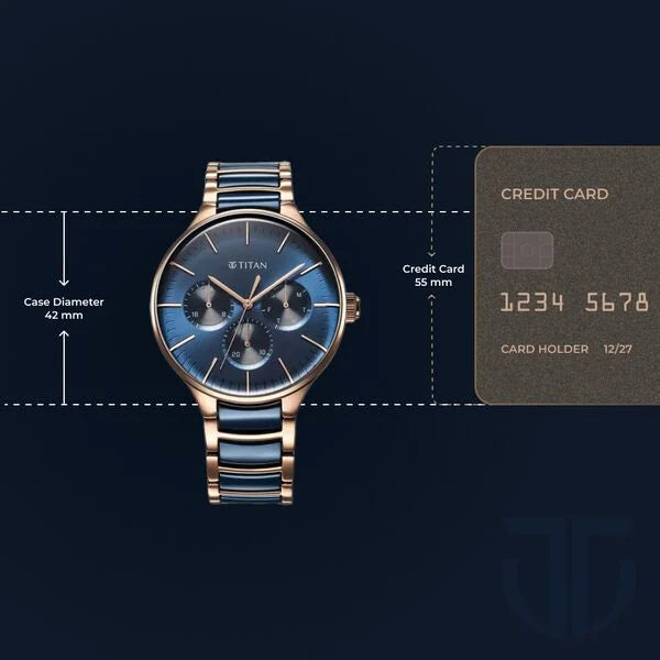 Titan Ceramic Fusion Men's Multifunction Watch Blue Dial with Two Toned Stainless Steel Band, 90148KD04