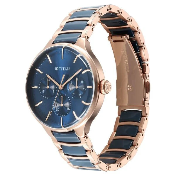 Titan Ceramic Fusion Men's Multifunction Watch Blue Dial with Two Toned Stainless Steel Band, 90148KD04