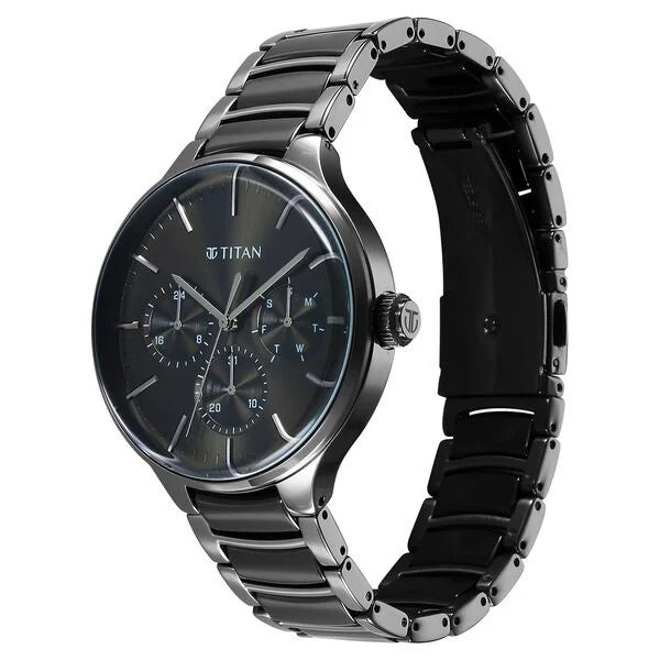 Titan Ceramic Fusion Men's Multifunction Watch Black Dial With Two-Toned Stainless Steel Band, 90148KD06